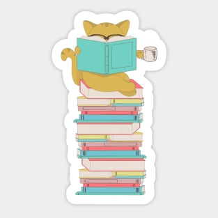 Cat with glasses drinking coffee or tea and reading book Sticker